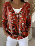 Ethnic Pattern Print Buttoned V-neck Cardigan Sweater