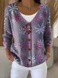 Christmas Snowflake Pattern Art Print Buttoned V-neck Cardigan Sweater