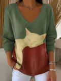 Women's Sleeping Cat Pattern Art V-neck Solid Color Loose Shiny Sweater