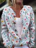 Vintage Flower Art Print Buttoned Cardigan Sweate