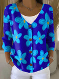 Blue Flowers Print Buttoned V-neck Cardigan Sweater