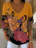 Women's Floral Pattern Art Print Casual V-Neck Sweater