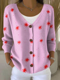 Pink Polygon Print Buttoned V-neck Cardigan Sweater