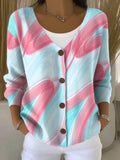 Overlapping Lines Color Print Buttoned V-neck Cardigan Sweater