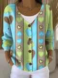 Contrast Color Heart Vertical Stripes Print Buttoned V-neck Cardigan Sweater