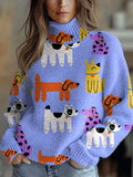 Funny Dogs Art Print Knit Turtleneck Pullover Sweater