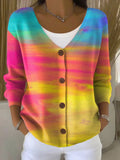 Vintage Gradient Art Print Buttoned V-neck Cardigan Sweater