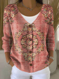 Vintage Flower Art Print Buttoned V-neck Cardigan Sweater