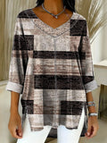 Women's Geometry Color Splicing Gradient Art Casual Washed Denim Cotton Top