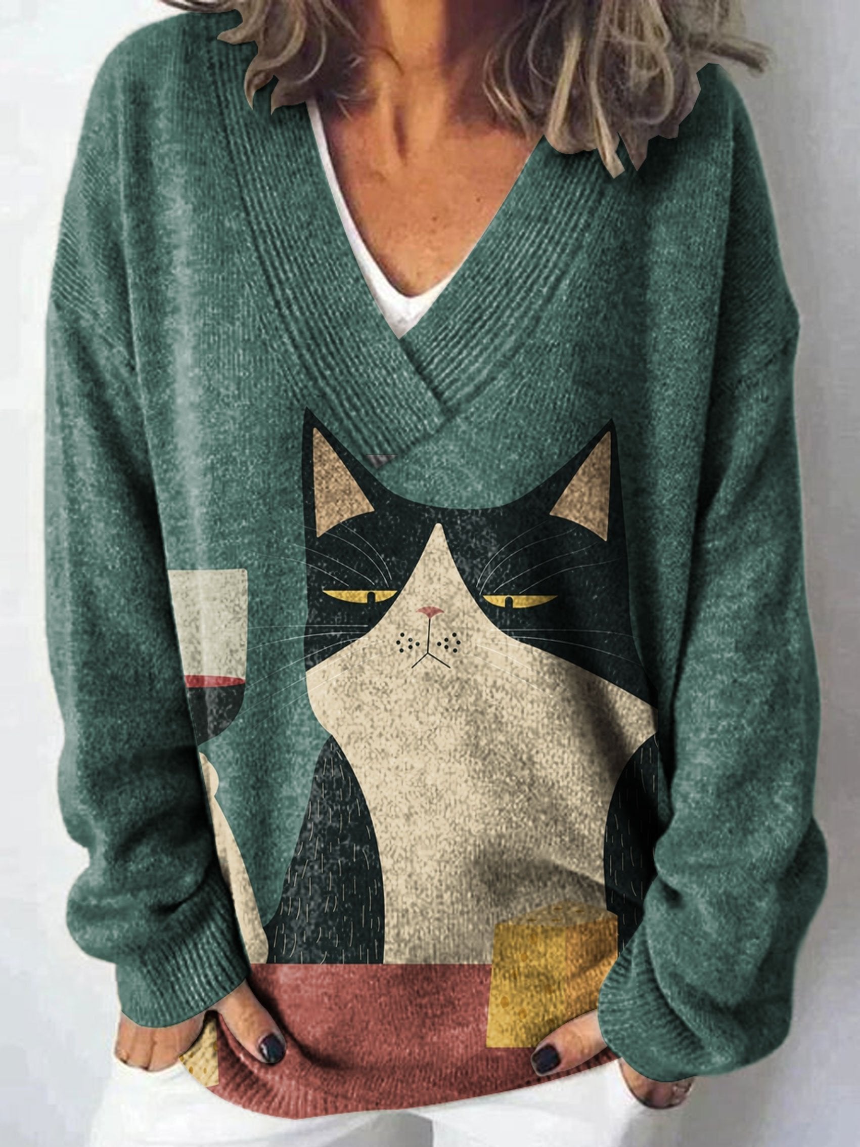 Vintage Simple Colorblock Drinking Cat Art Print Knit V-neck Pullover ...
