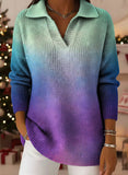 Color Gradient Tree Art Pattern Art Polo Collar Shiny Loose Sweater Top