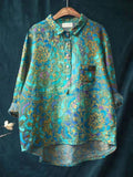 Women's Retro Art Print Casual Cotton And Linen Shirt
