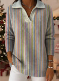 Colorful Geometric Vertical Stripe Decorative Pattern Women's Casual Shirt Collar Long Sleeve Sweater