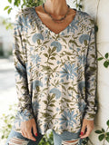 Women's Floral Pattern Art Print V-neck Casual Cotton T-shirt