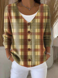 Retro Plaid Pattern Print Buttoned V-neck Cardigan Sweater