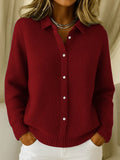 Women's Solid Color Shirt Collar Long Sleeve Waffle Knit Cardigan