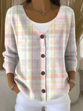Light Plaid Print Buttoned V-neck Cardigan Sweater