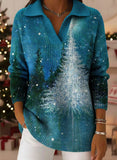 Retro Christmas Trees Snowflake Art Pattern Polo Collar Shiny Loose Sweater Top