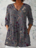 Women's Flowers Art Print Casual Linen V-neck Shirt