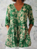 Women's Elegant Floral Pattern Round Neck Cotton and Linen Top