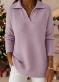 Casual Loose-fitting Polo Neck V-neck Knitted Pullover