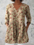 Women's Retro Floral Art Print Casual Cotton And Linen V-neck Top