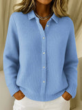 Women's Solid Color Shirt Collar Long Sleeve Waffle Knit Cardigan