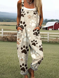 Women's Vintage Dog Paw Print Art Print Casual Cotton Linen Wide Leg Jumpsuit