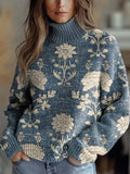 Women's Vintage Lovely Floral Art Print Knit Turtleneck Pullover Sweater