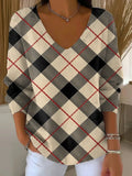 Women's Plaid Pattern Art Print Casual V-Neck Sweater