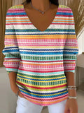 Colorful Horizontal Stripes Print V-neck Pullover Sweater