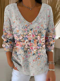 Vintage Gradient Floral Print V-neck Pullover Sweater