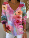 Women's Floral Pattern Art Print Casual V-Neck Sweater