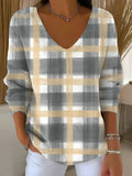 Women's Vintage Plaid Art Print V-neck Loose Sweater