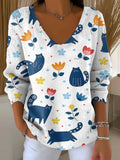 Cute Cat And Flower Decorative Patterns Women's Casual V Collar Long Sleeve Sweater