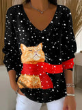 Women's Retro Christmas Cat Art Print V-neck Loose Sweater