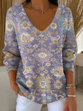 Retro Symmetrical Purple Pattern Print V-neck Pullover Sweater